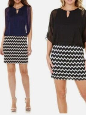 Perceptions New York Red & Black Blouson Sleeveless Chevron Mini Dress Sz 18